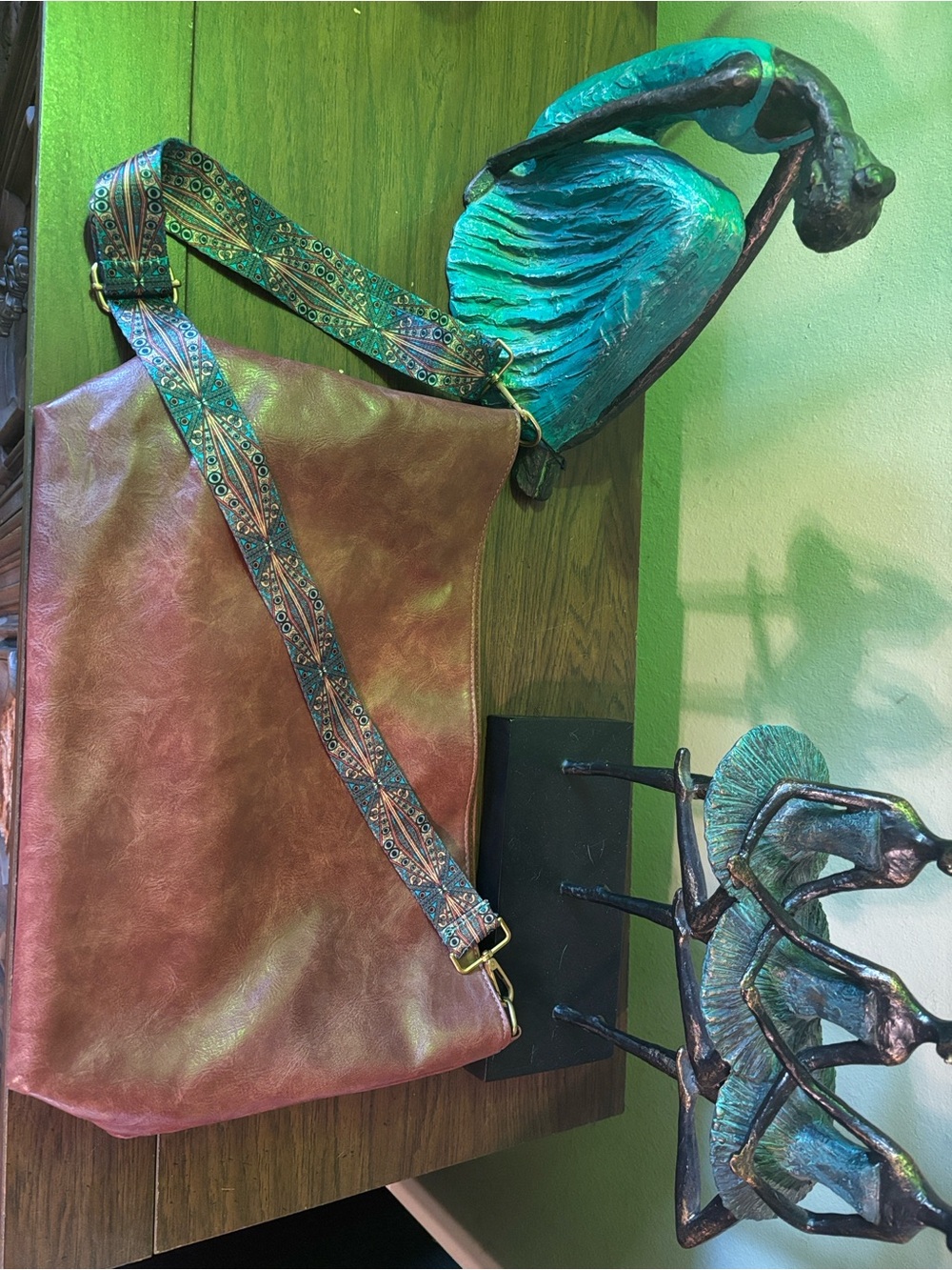 Source Unknown Burgundy Shoulder Bag with Teal Patterned Strap